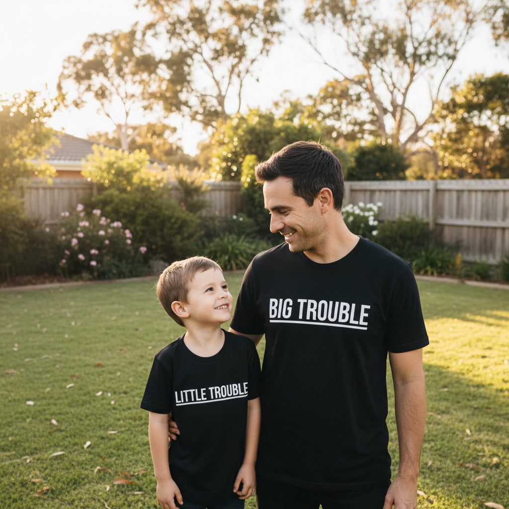 Big Trouble Little Trouble – Matching Black Dad & Son Tee