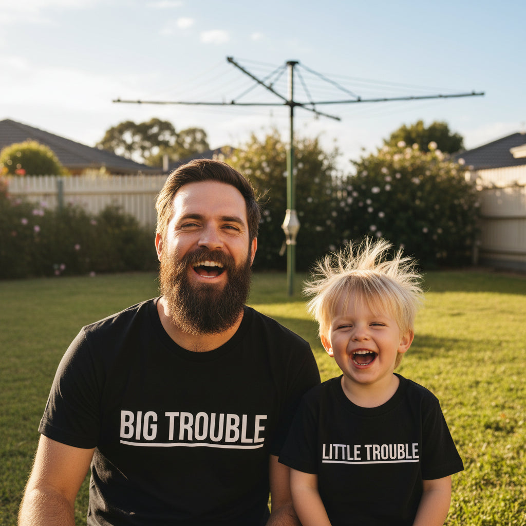 Big Trouble Little Trouble – Matching Black Dad &amp; Son Tee