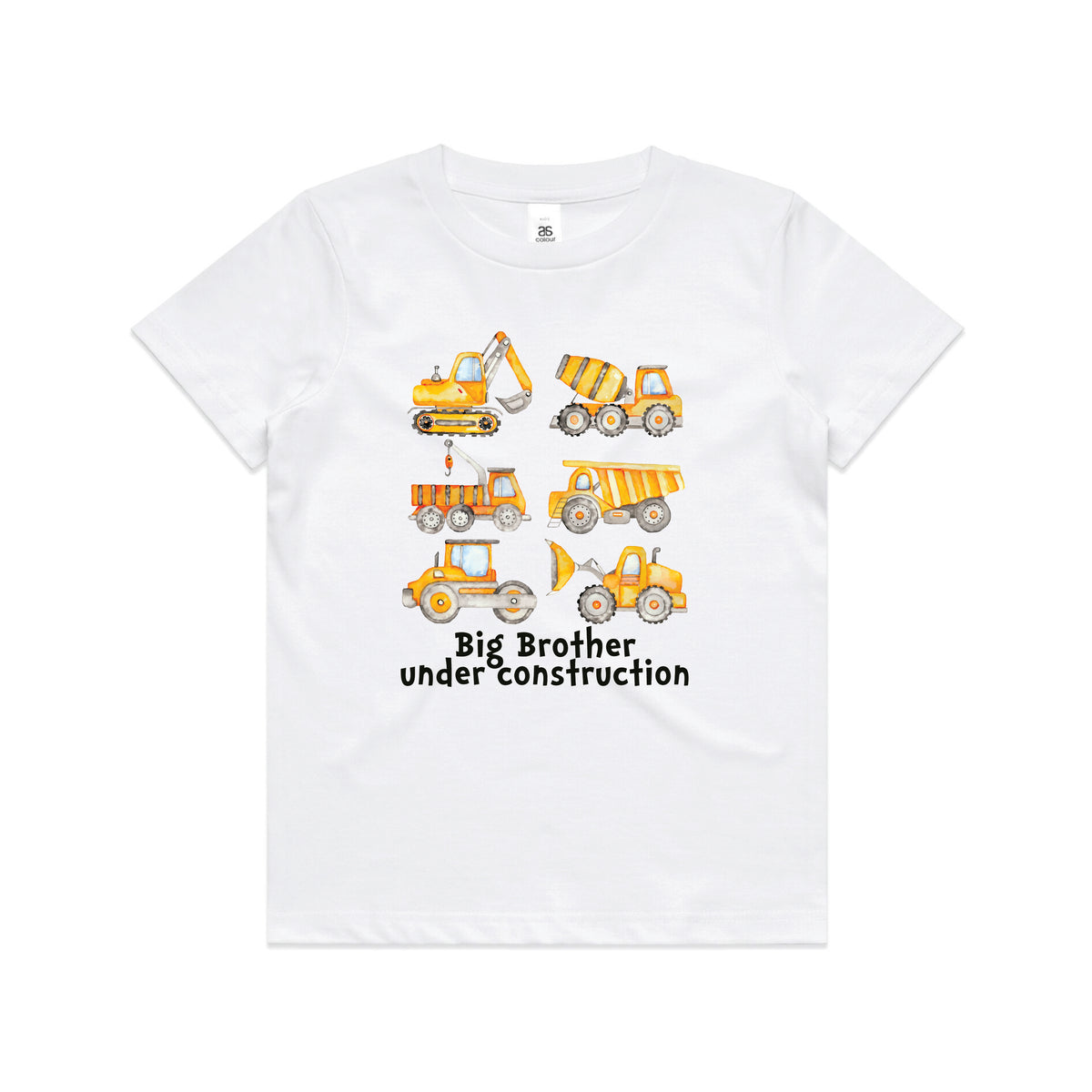 white kids t-shirt with watercolour construction vehicles and Big Brother Under Construction text.