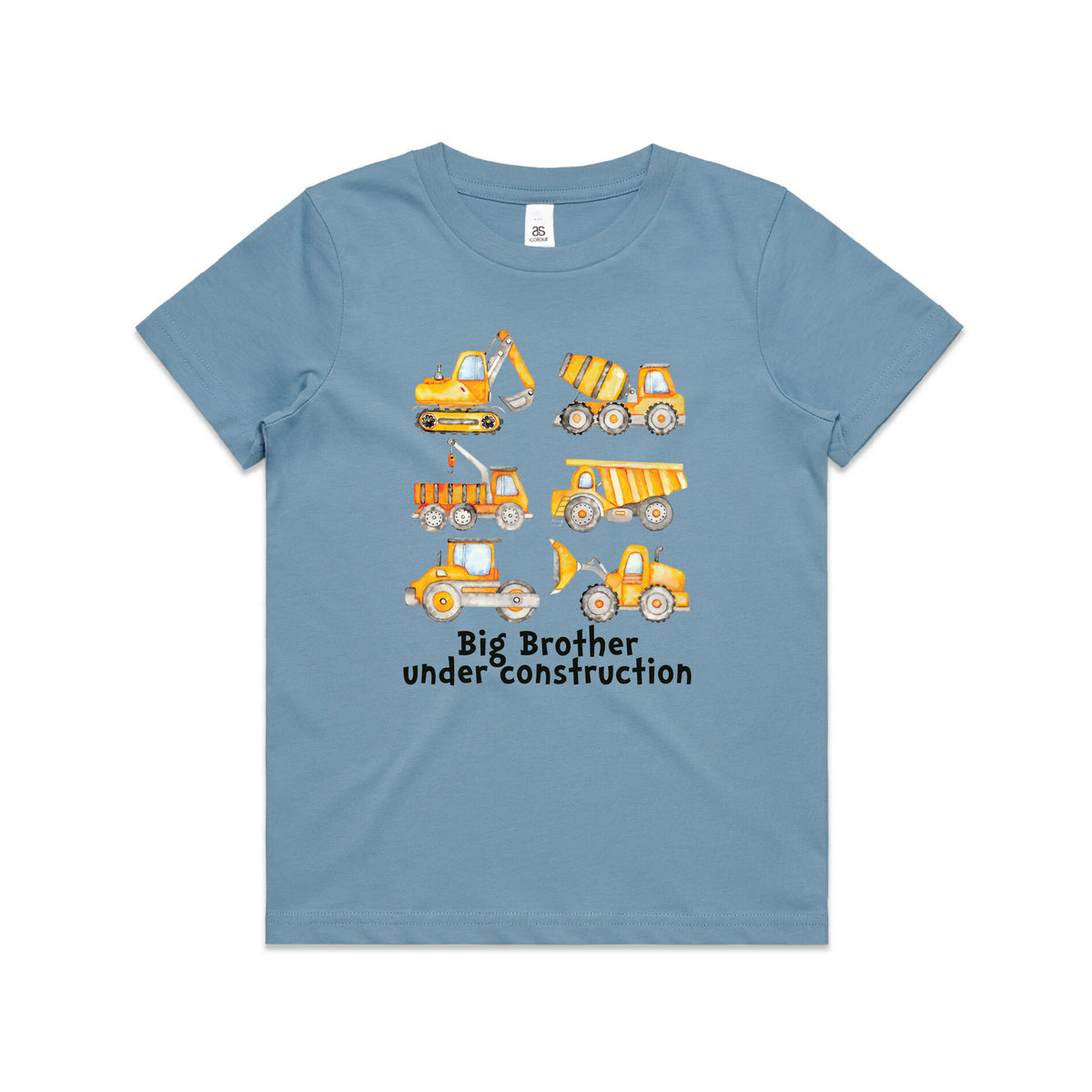 blue kids t-shirt with watercolour construction vehicles and Big Brother Under Construction text.