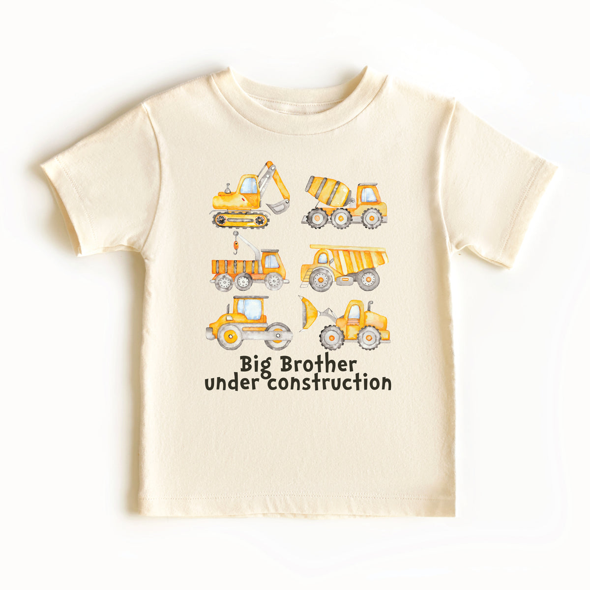 Cream kids t-shirt with watercolour construction vehicles and Big Brother Under Construction text.