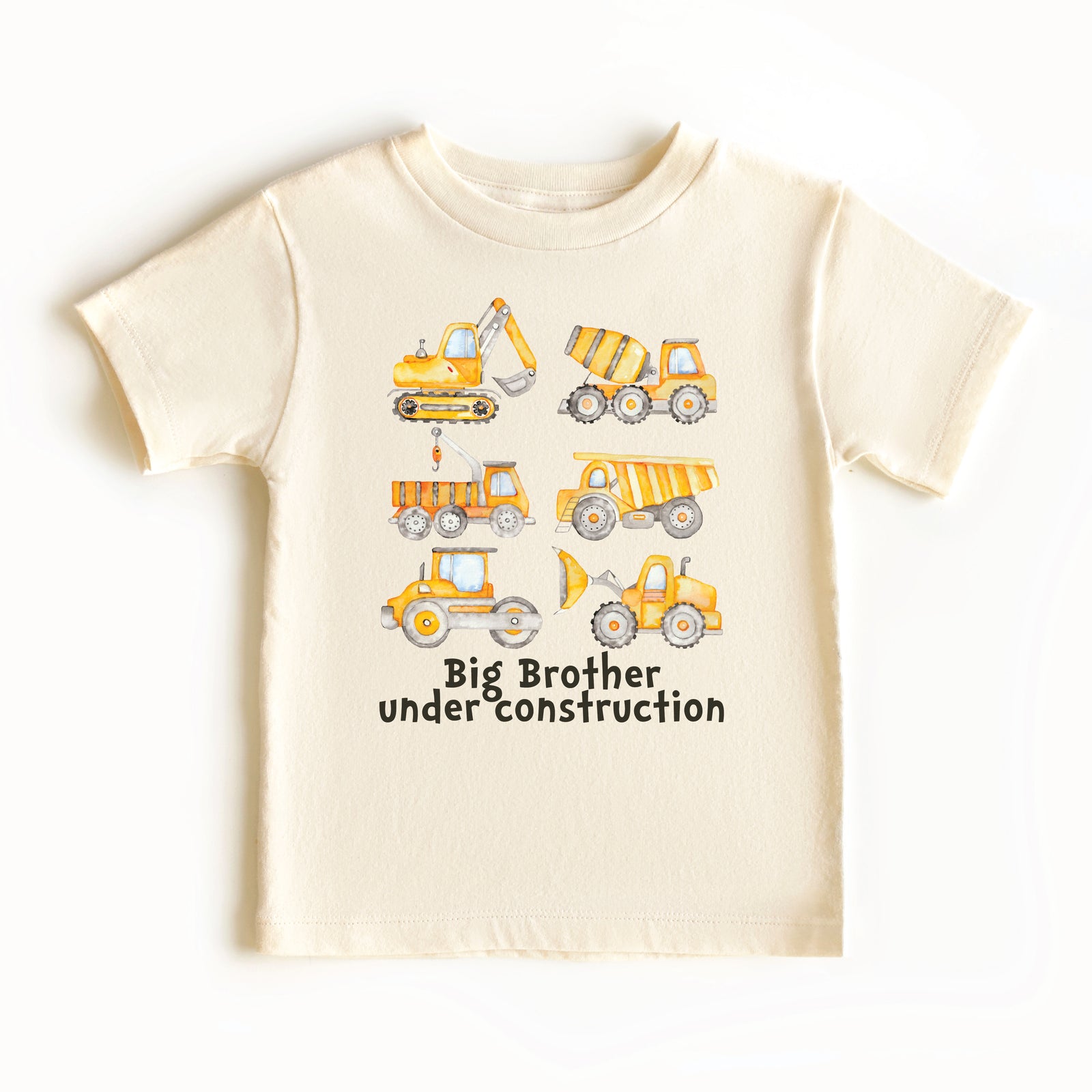 Cream kids t-shirt with watercolour construction vehicles and Big Brother Under Construction text.