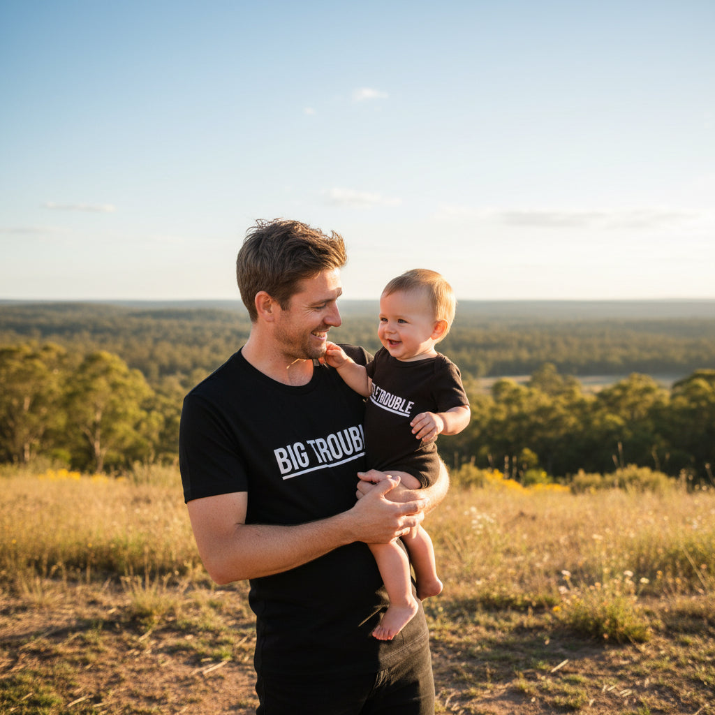 Big Trouble Little Trouble – Matching Black Dad & Son Tee