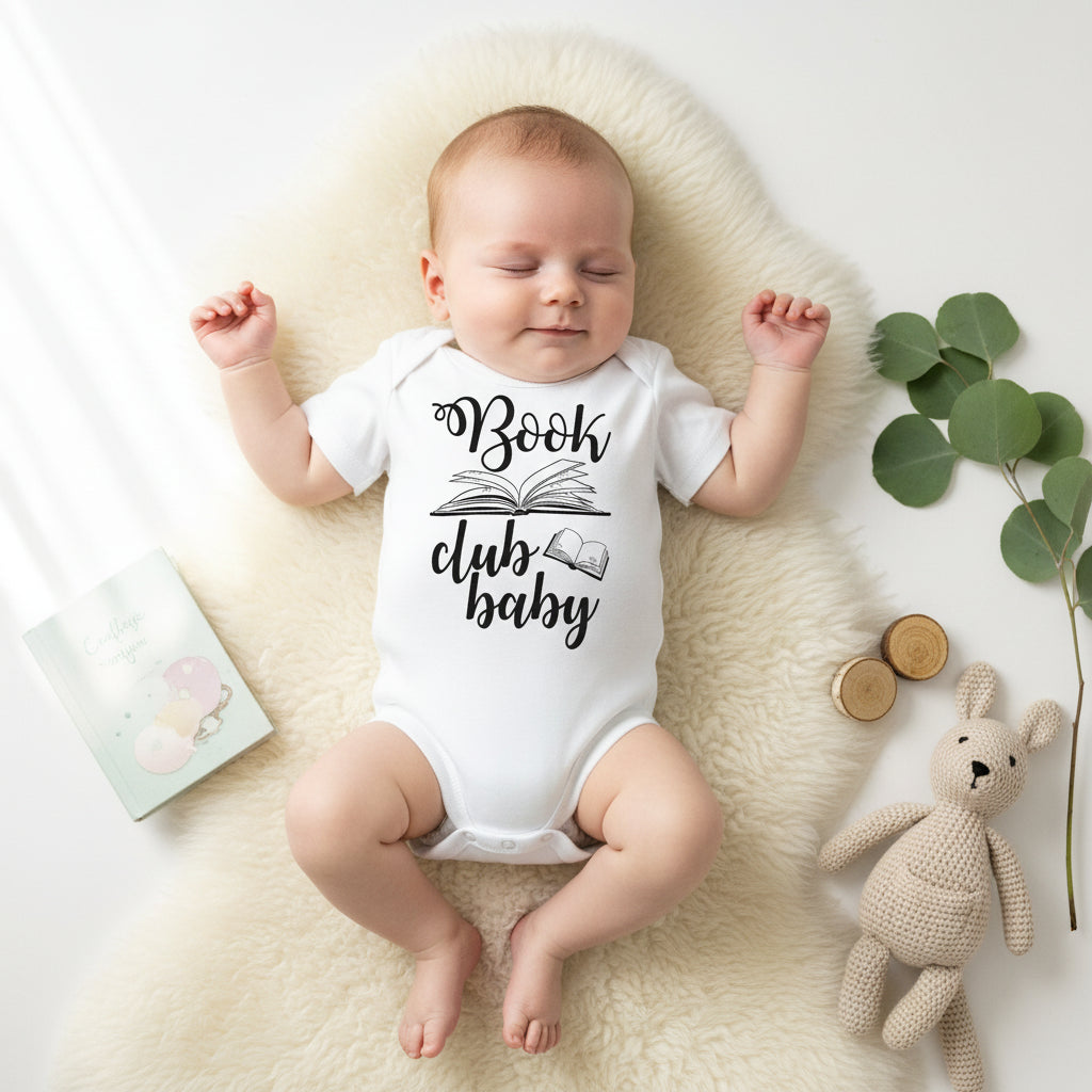 White baby bodysuit with hand-lettered Book Club Baby script slogan and illustrated open book design