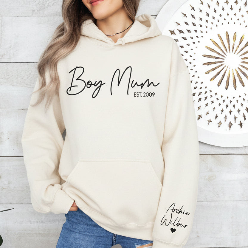 Woman wearing Boy Mum hoodie with sleeve detail in outdoor setting, Mother’s Day gift idea