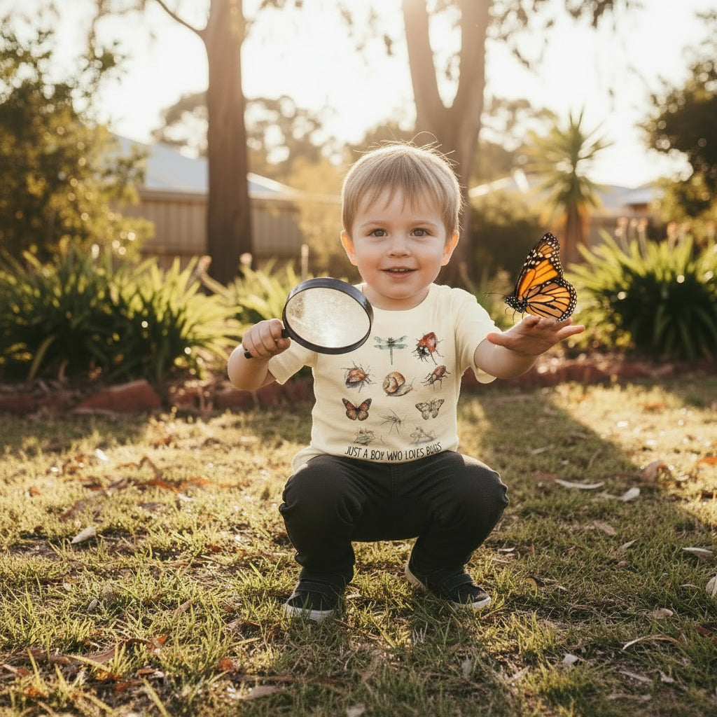 A beige t-shirt with various colorful insect illustrations and the text &#39;JUST A BOY WHO LOVES BUGS&#39; on the front.