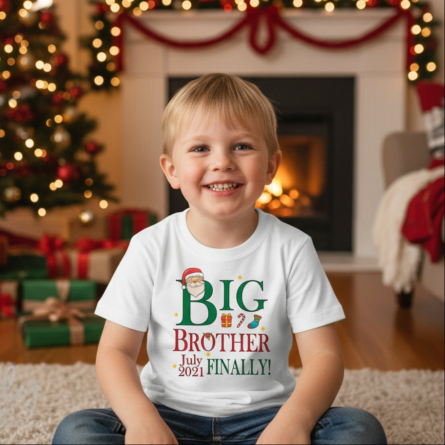 White t-shirt with 'Big Brother' text and Christmas themed graphics including Santa Claus and holiday presents.