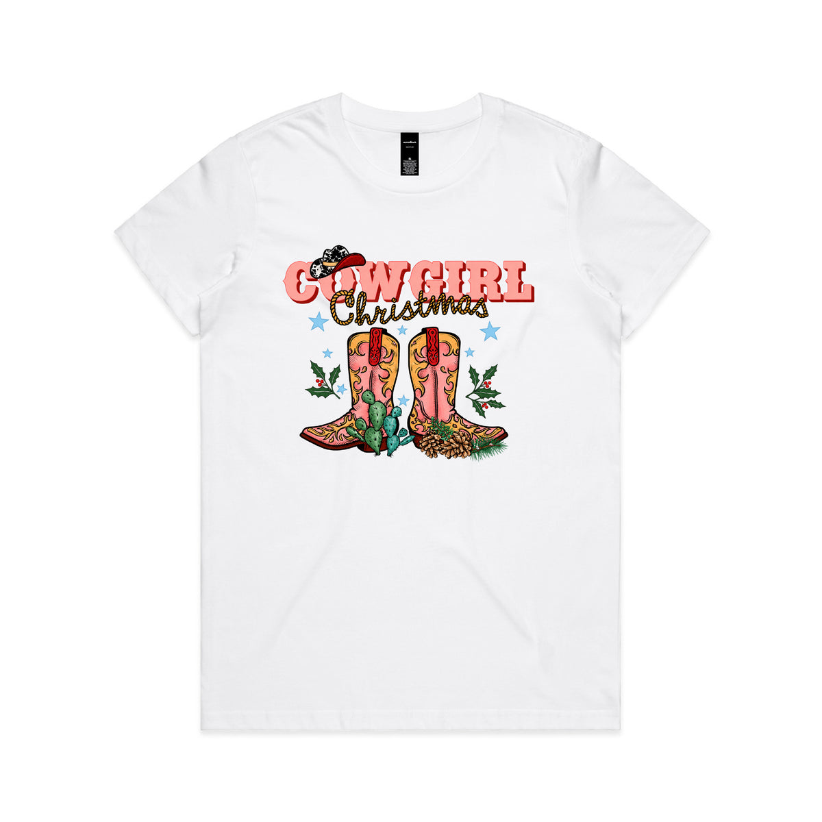 T-shirt with a Cowgirl Christmas design featuring pink western boots, a cow print hat, cactus and holly.