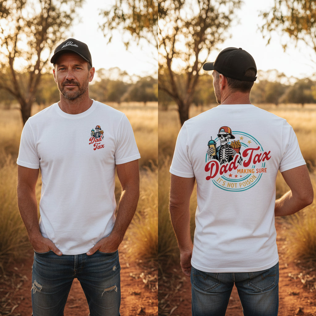 White short-sleeve t-shirt shown from the front and back on a light gray background. The front has a small red and multicolor chest graphic reading 'Dad Tax'.