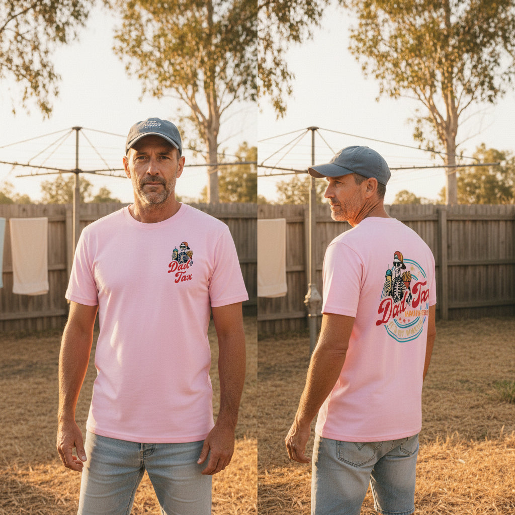 White t-shirt with a small Dad Tax logo on the front and a large skeleton dad design on the back reading Dad Tax Making Sure It's Not Poison.