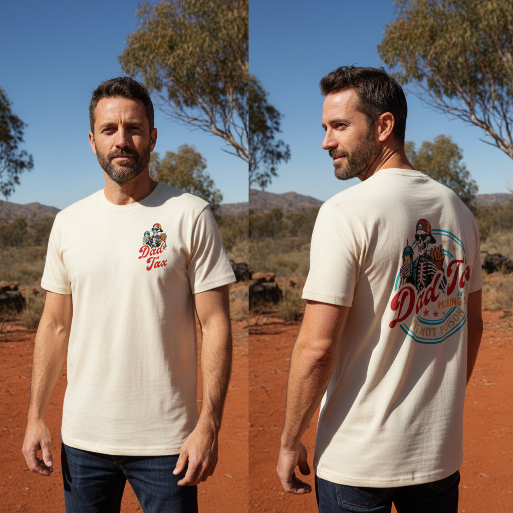 White t-shirt with a small Dad Tax logo on the front and a large skeleton dad design on the back reading Dad Tax Making Sure It's Not Poison.