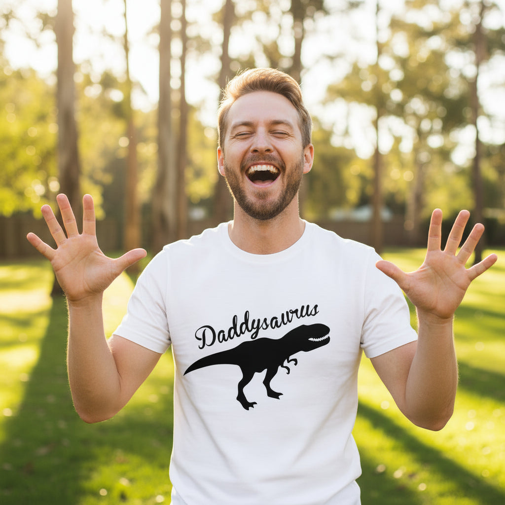 white t-shirt with a black dinosaur silhouette and Daddysaurus in script lettering.