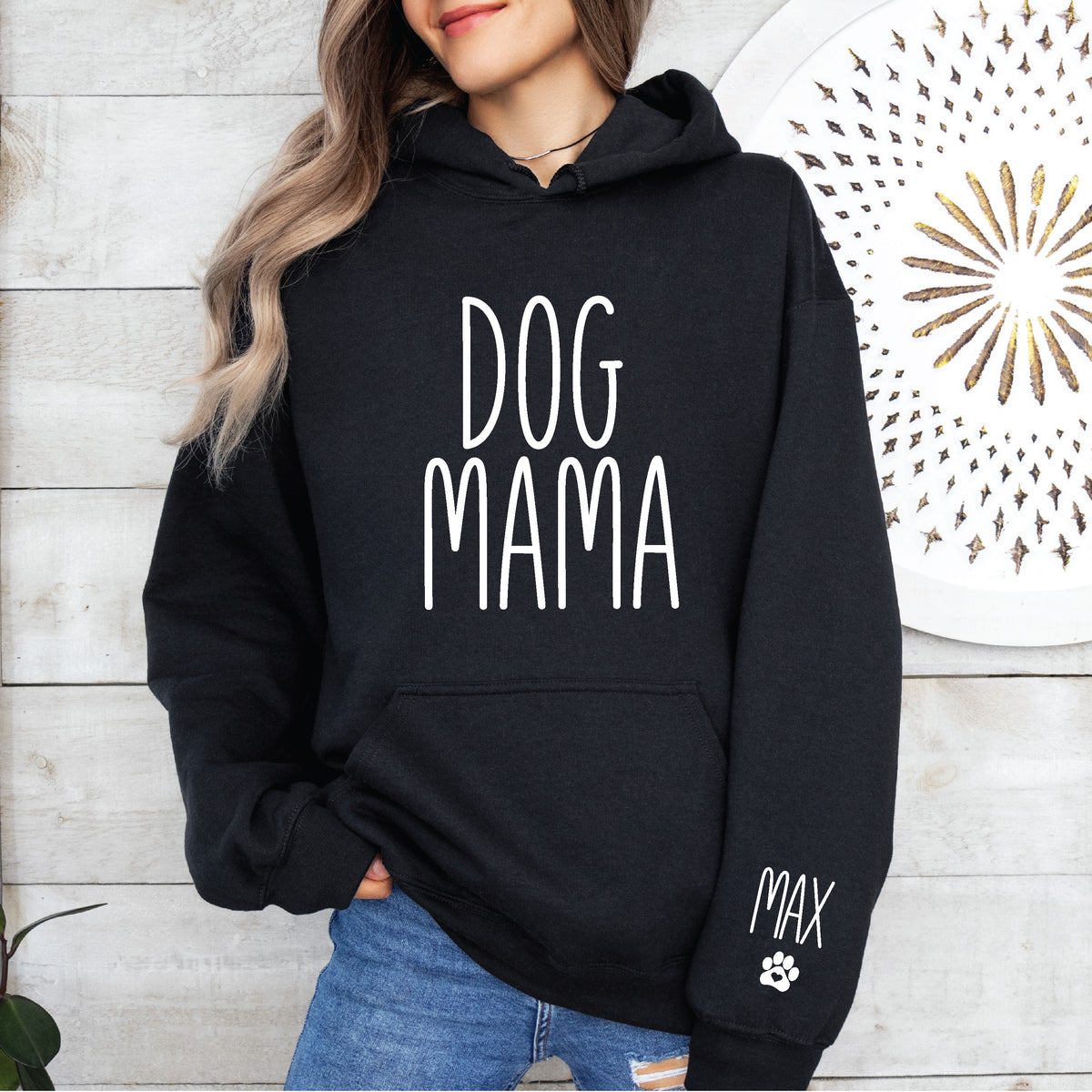Dog Mama with Doggy Names on Sleeve