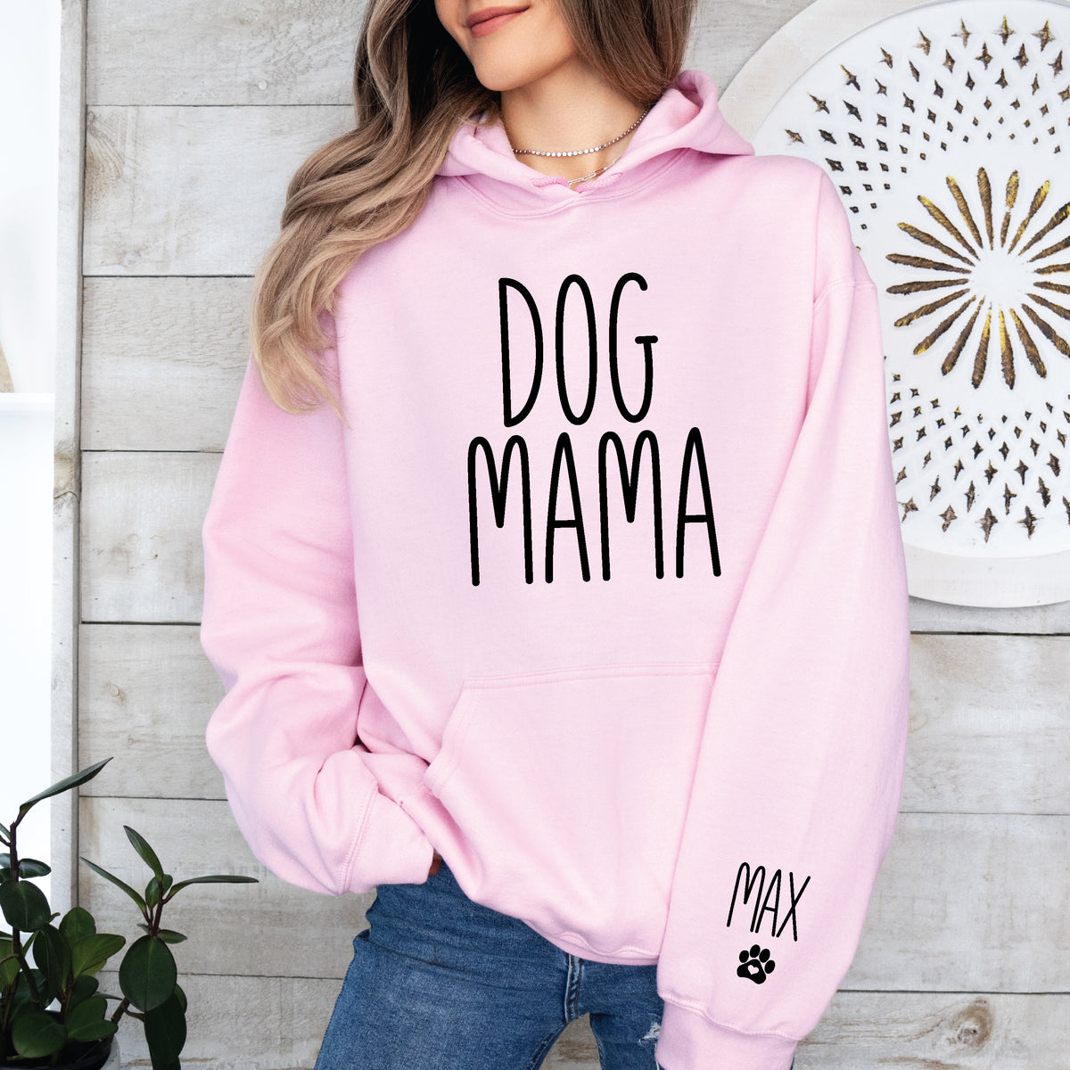Dog Mama with Doggy Names on Sleeve