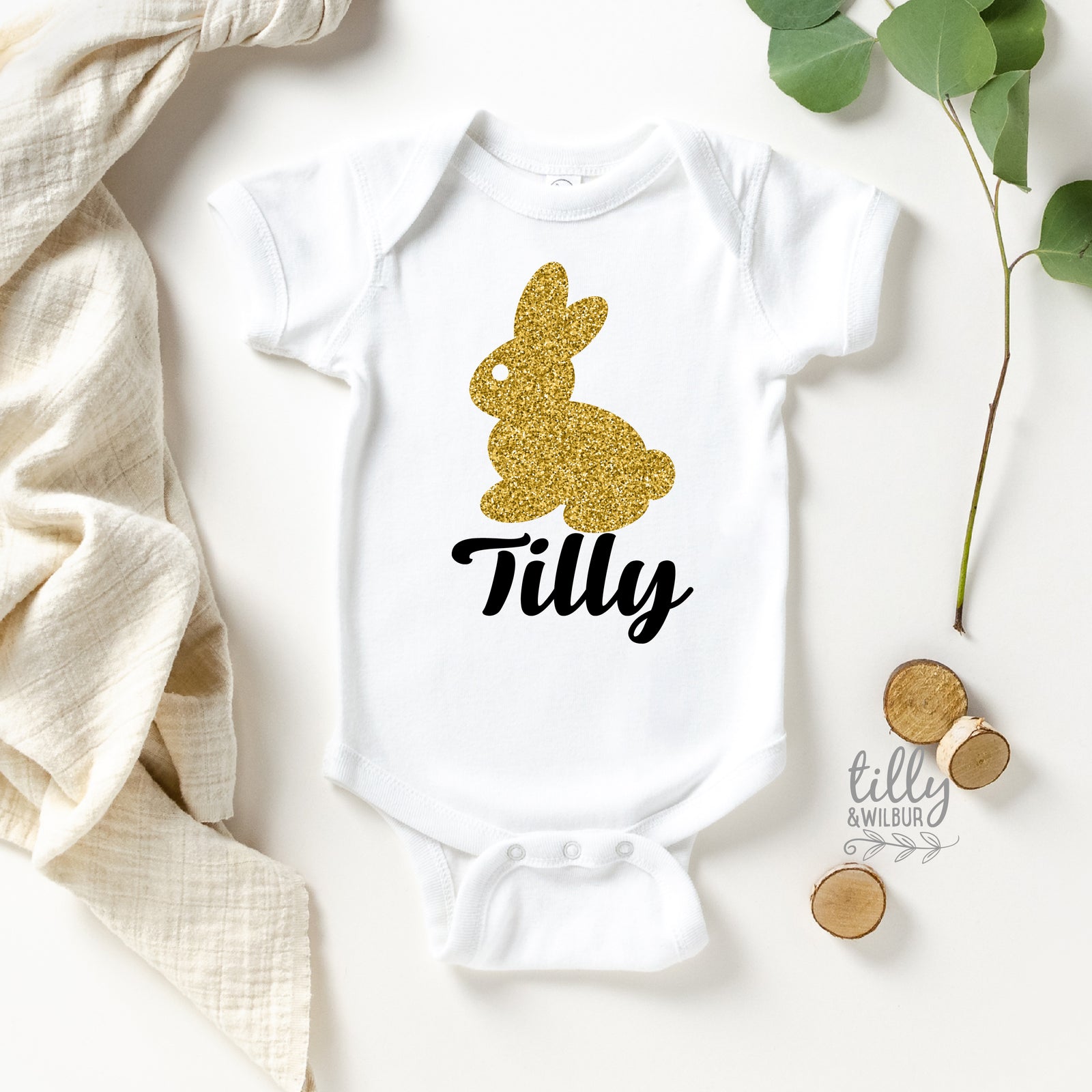 Personalised Gold Bunny Easter Shirt – Faux Glitter Bunny Name Top for Girls, Babies & Kids