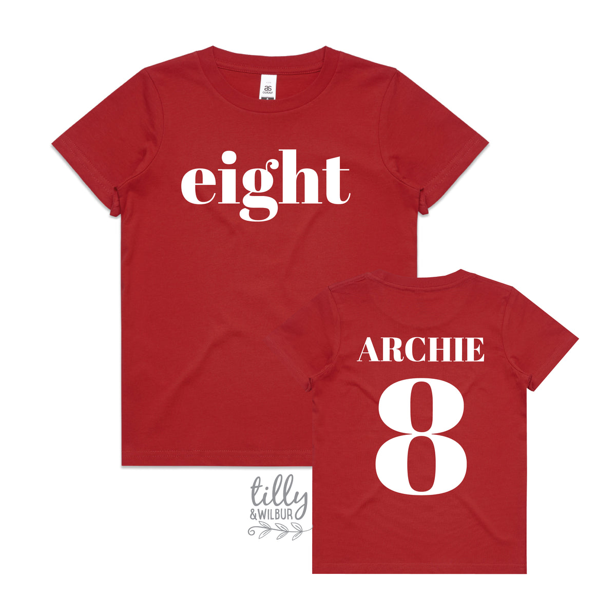 Boy wearing personalised eighth birthday t-shirt with eight on front and nameand number 8 on back