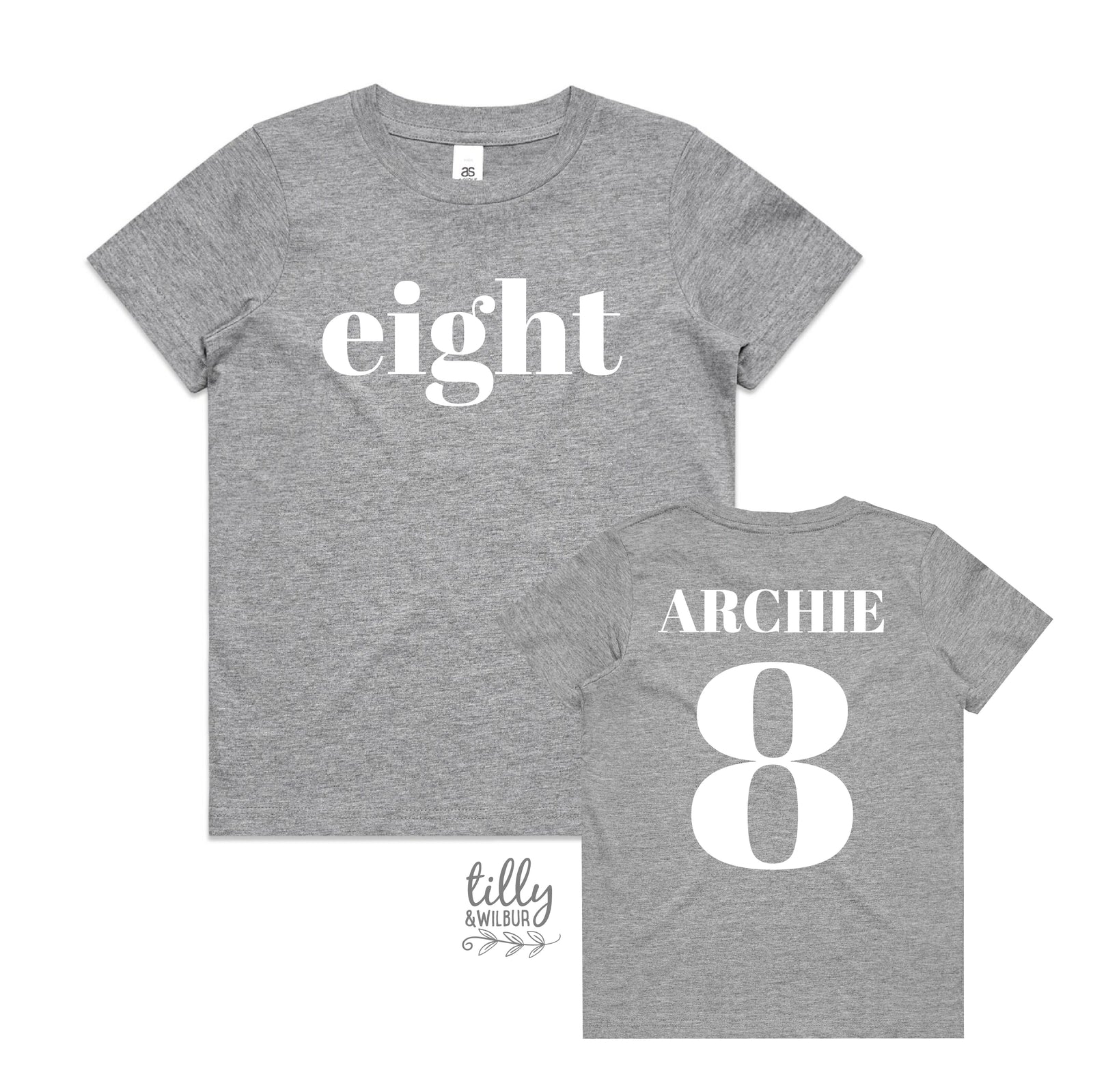 Boy wearing personalised eighth birthday t-shirt with eight on front and nameand number 8 on back
