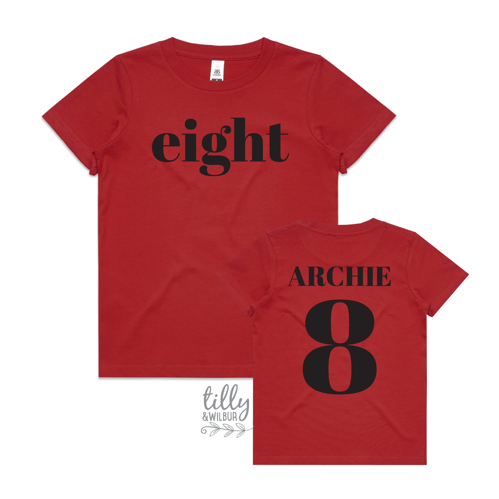 Boy wearing personalised eighth birthday t-shirt with eight on front and nameand number 8 on back