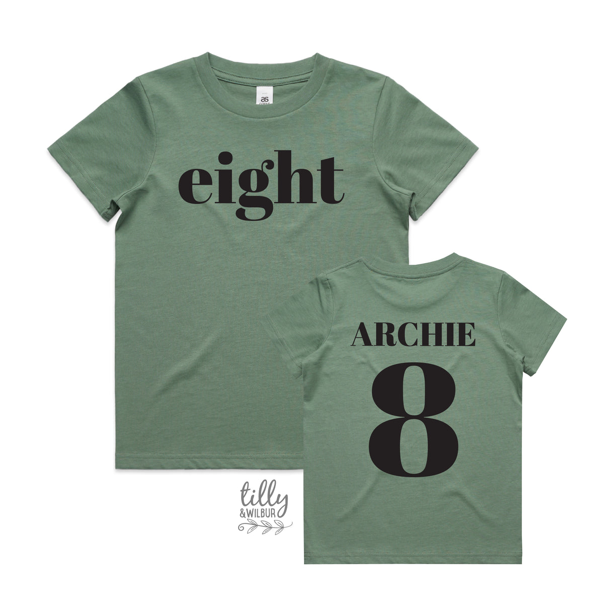Boy wearing personalised eighth birthday t-shirt with eight on front and nameand number 8 on back