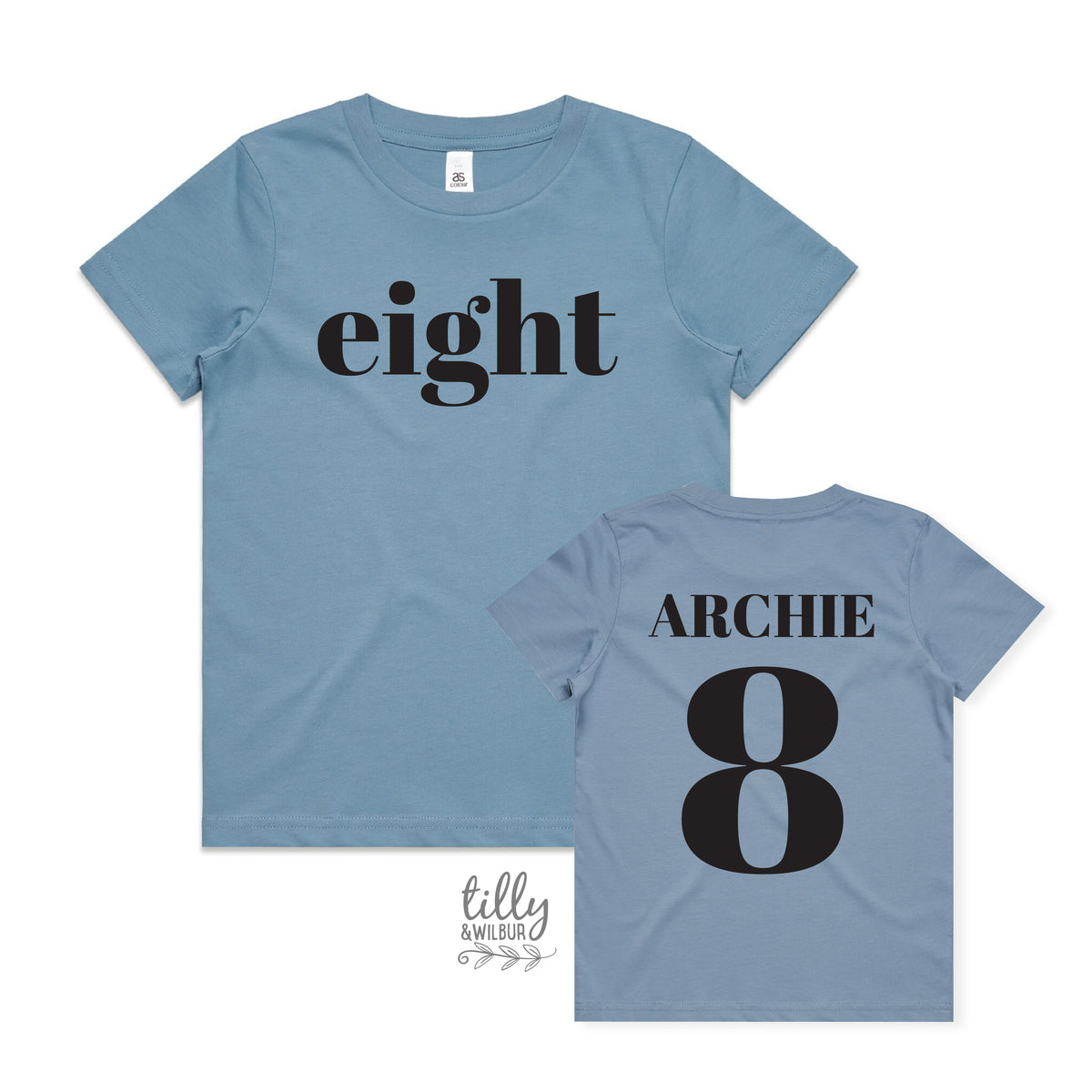 Boy wearing personalised eighth birthday t-shirt with eight on front and nameand number 8 on back