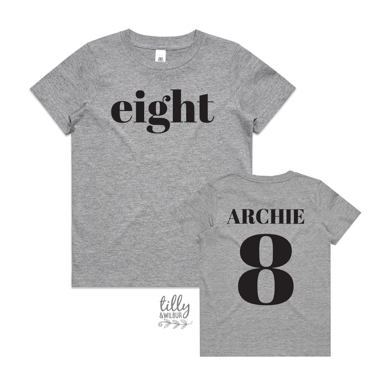Boy wearing personalised eighth birthday t-shirt with eight on front and nameand number 8 on back