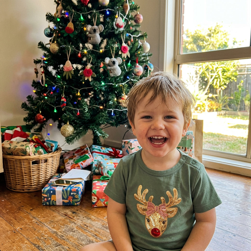A sage green short-sleeve baby t-shirt featuring a festive embroidered reindeer head graphic on the chest with gold antlers, a pink bow, and a red nose.