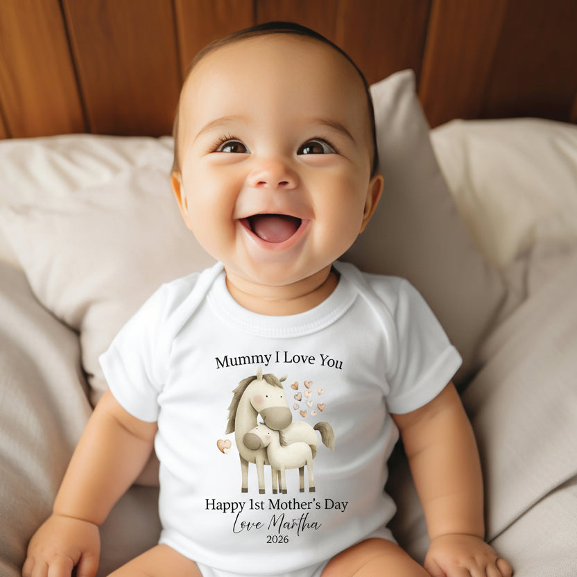 baby wearing first mothers day bodysuit horse design personalised name new mum gift australia
mummy i love you baby bodysuit horse and foal illustration first mothers day outfit custom baby clothing
personalised baby bodysuit horse design first mothers day keepsake gift newborn outfit
newborn outfit first mothers day horse design custom name baby bodysuit australia