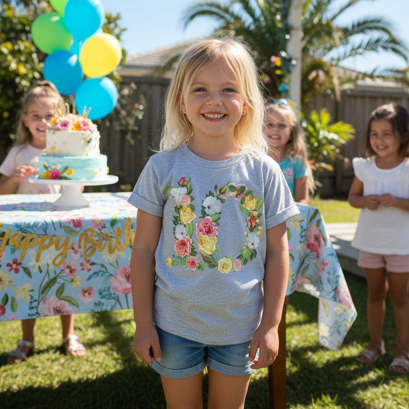 Girl at a birthday party wearing a grey t-shirt with a floral number design made of watercolour roses.

