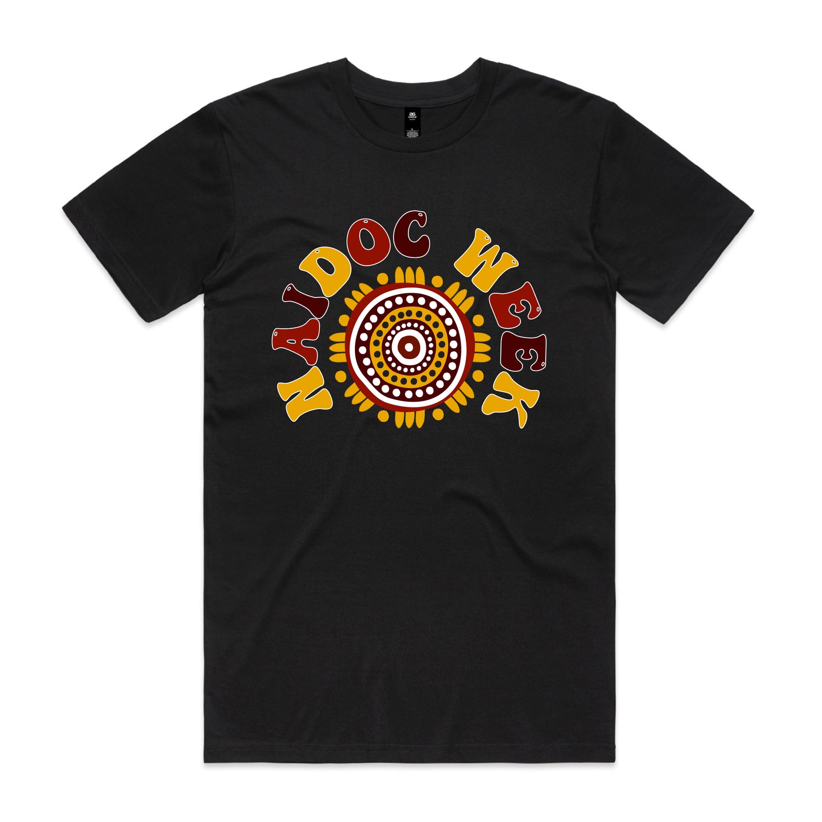 Black t-shirt with warm earth-toned NAIDOC Week design featuring groovy lettering wrapped around a sun motif
