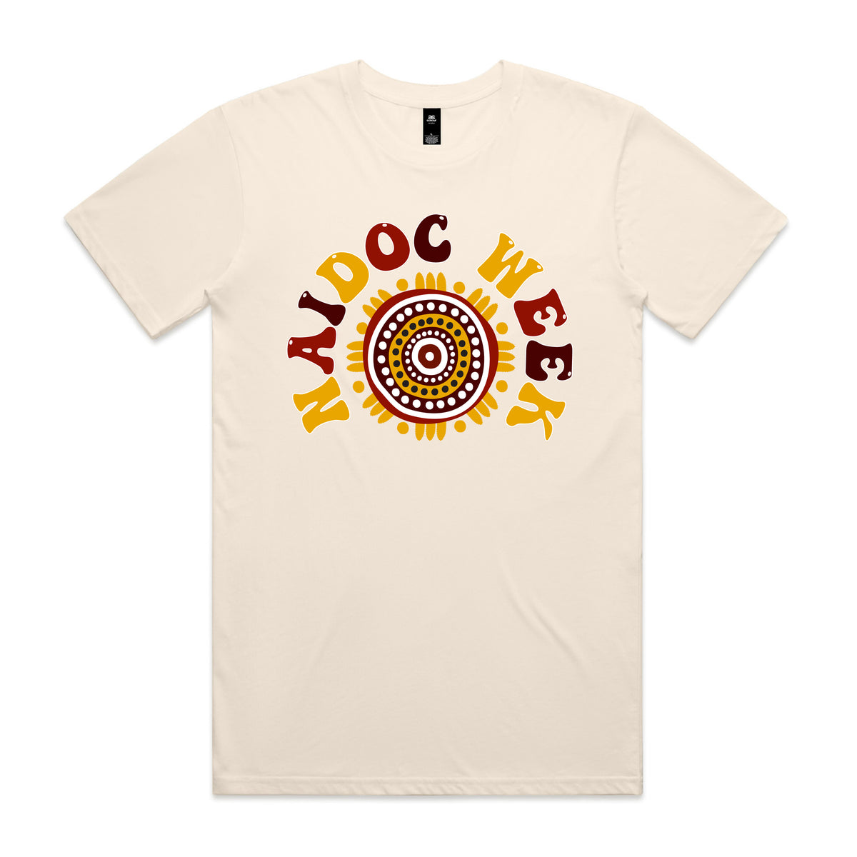 Ecru t-shirt with warm earth-toned NAIDOC Week design featuring groovy lettering wrapped around a sun motif