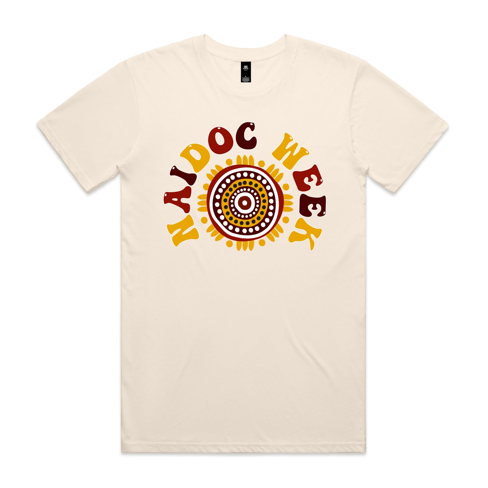 Ecru t-shirt with warm earth-toned NAIDOC Week design featuring groovy lettering wrapped around a sun motif