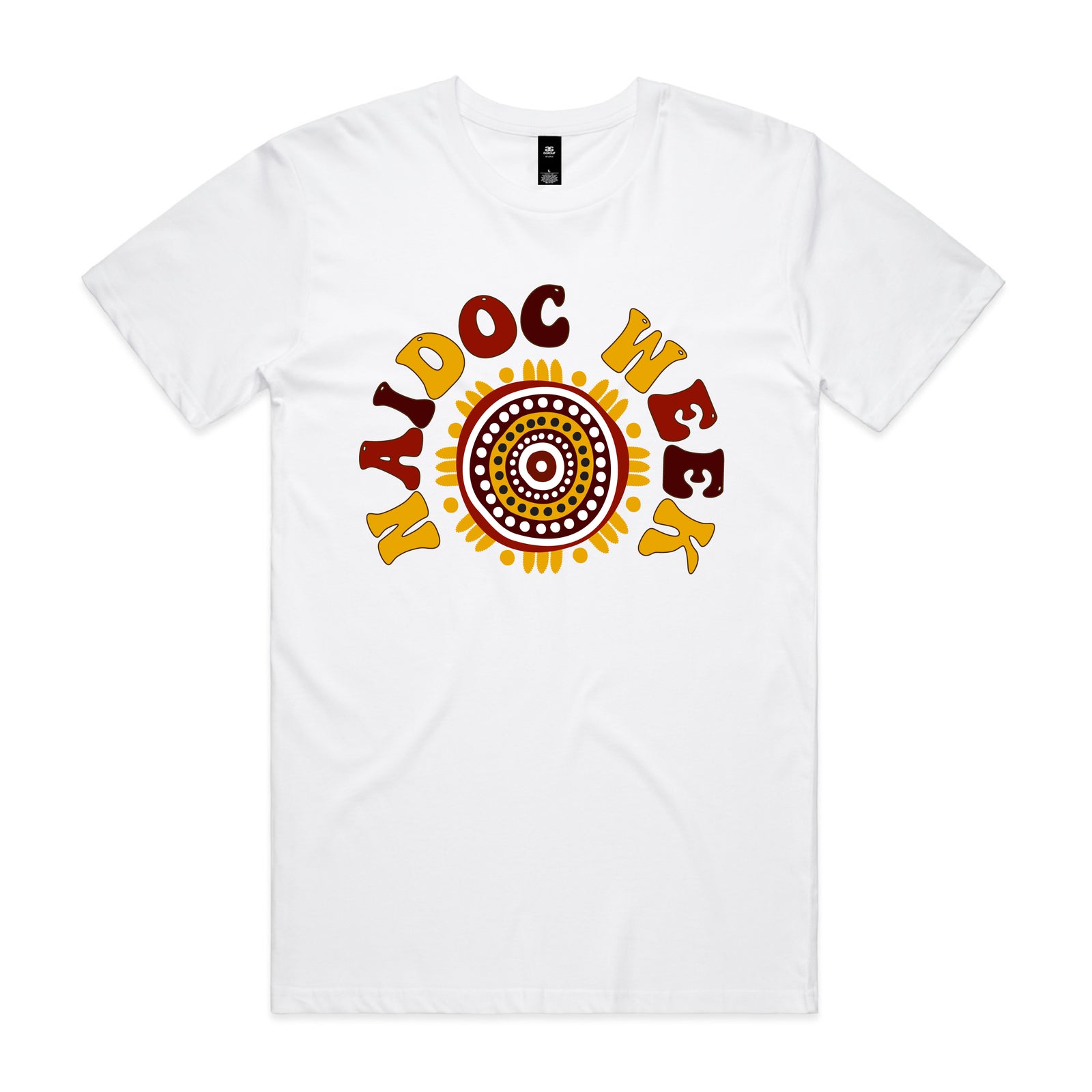 White t-shirt with warm earth-toned NAIDOC Week design featuring groovy lettering wrapped around a sun motif