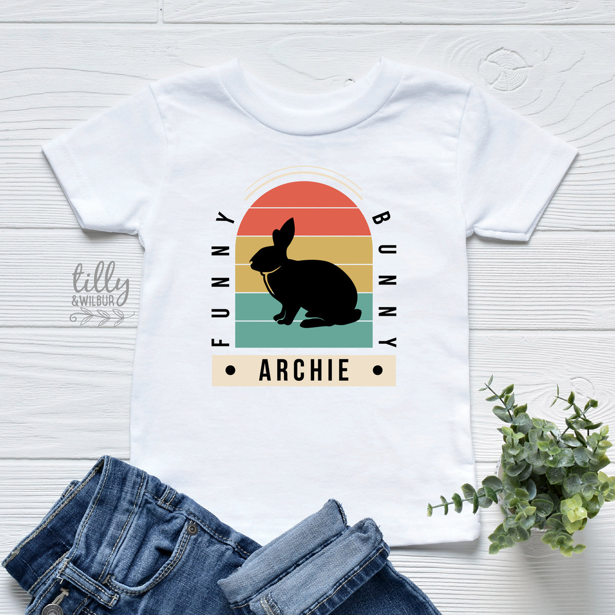 Personalised Retro Bunny Easter Shirt – Custom Name Bunny Tee for Babies, Toddlers & Kids