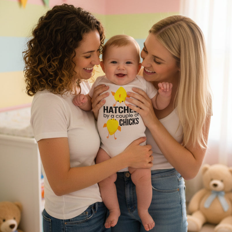White baby onesie with yellow chicks and text on a light background