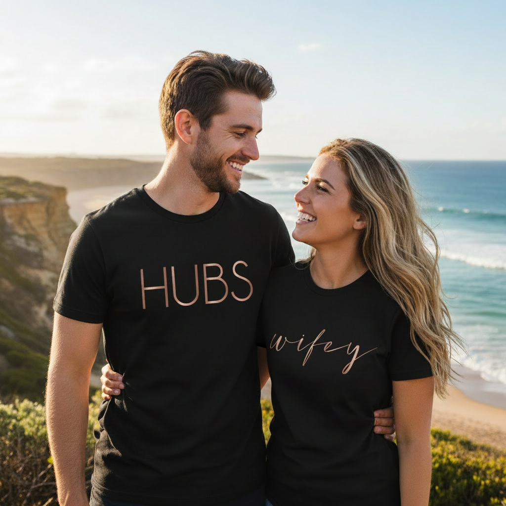 Hubs &amp; Wifey Matching Couples T-Shirts – His &amp; Hers Wedding