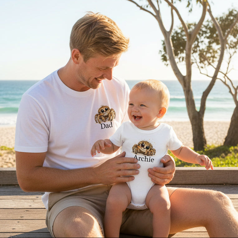 Dad and child wearing matching personalised huntsman spider shirts