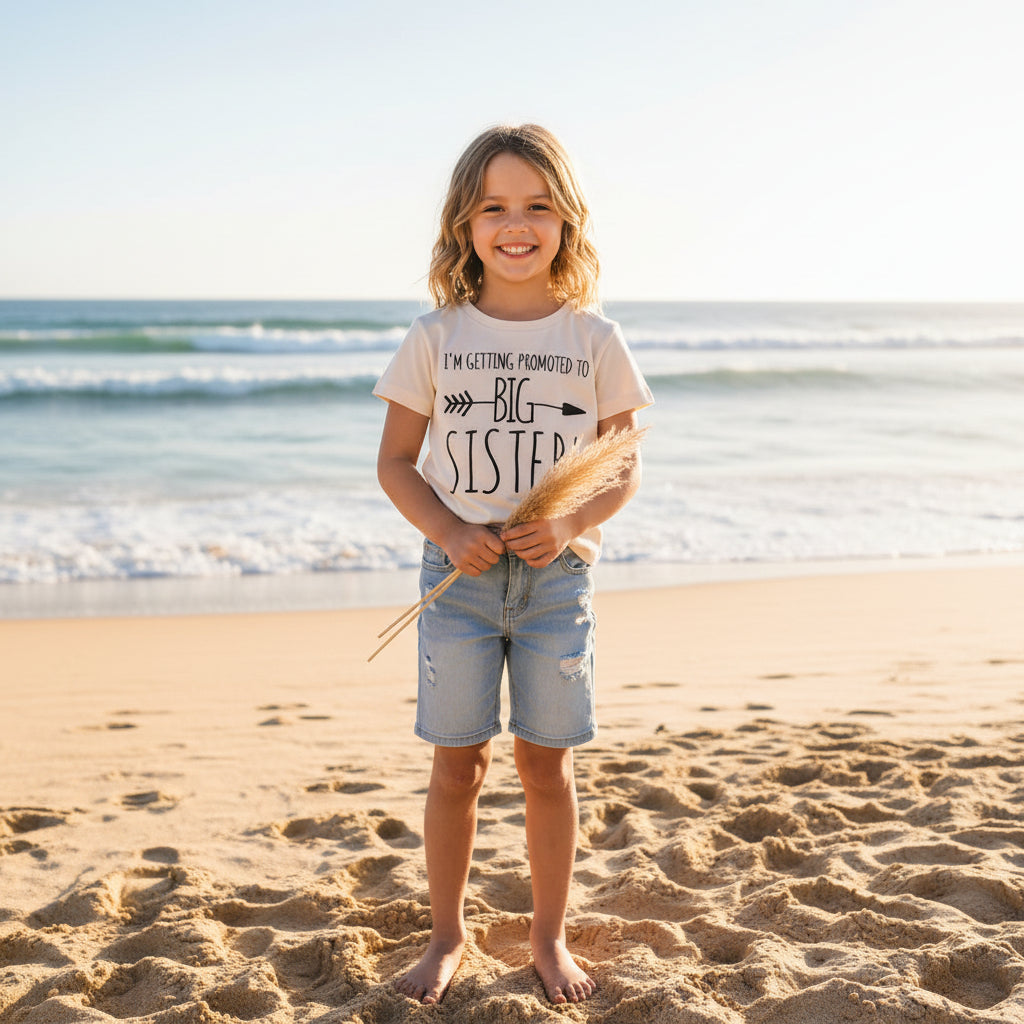 Little girl in a pink "I'm Getting Promoted To Big Sister" tee standing in a sunlit field wearing a daisy crown.