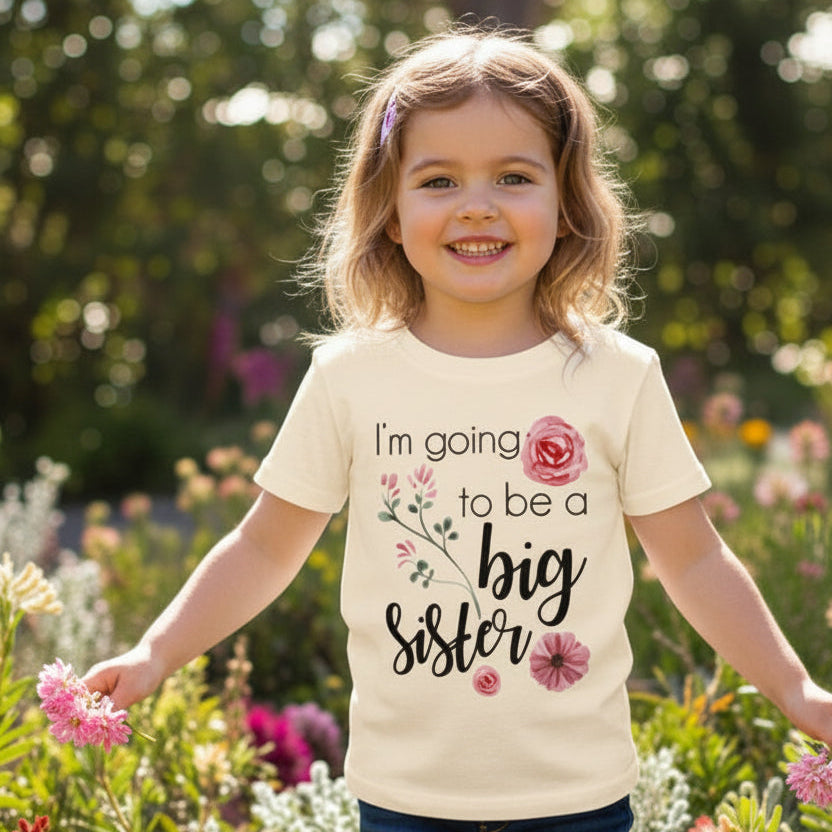 Child wearing floral big sister announcement shirt outdoors