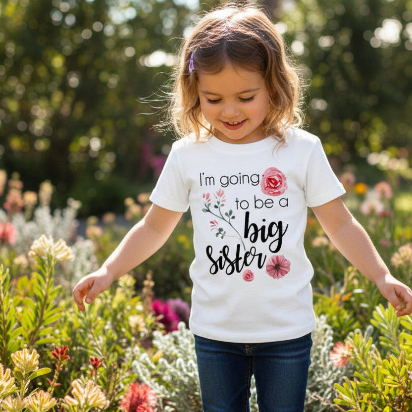 Child wearing floral big sister announcement shirt outdoors