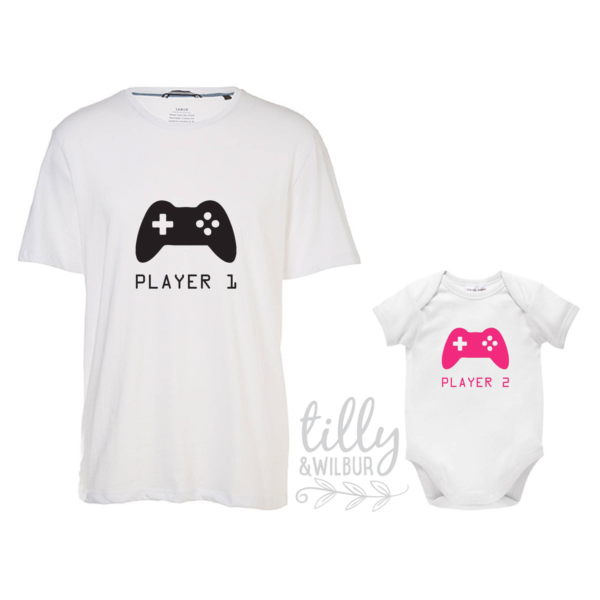 Player 1 Player 2 matching gaming set with pink print