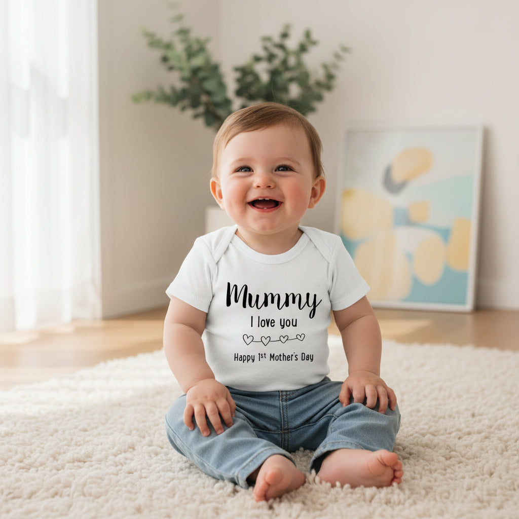 Mummy I Love You Bodysuit with Hearts | First Mother’s Day Baby Outfit | Cute New Mum Gift