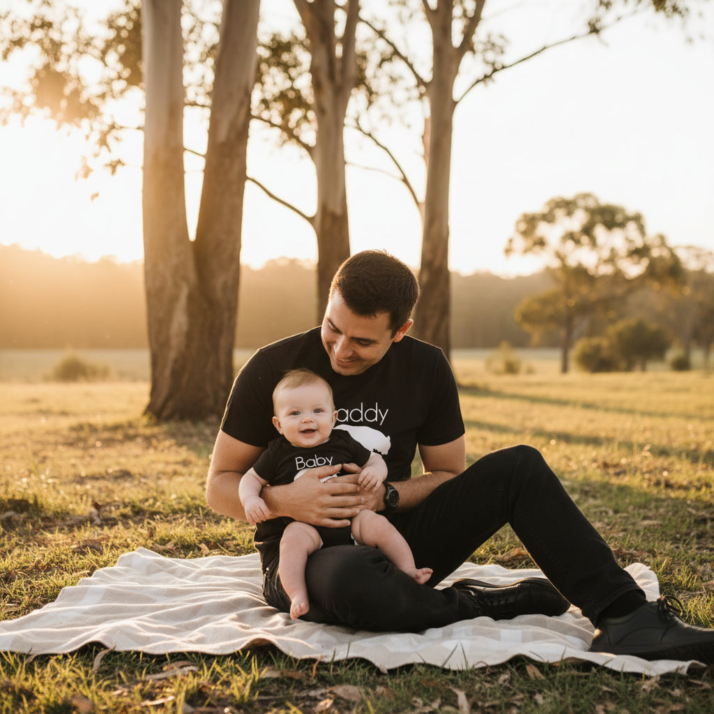 A man and a baby sitting together on a white blanket in a grassy field at sunset, both wearing matching black t-shirts with white text that reads 'Daddy Baby'.