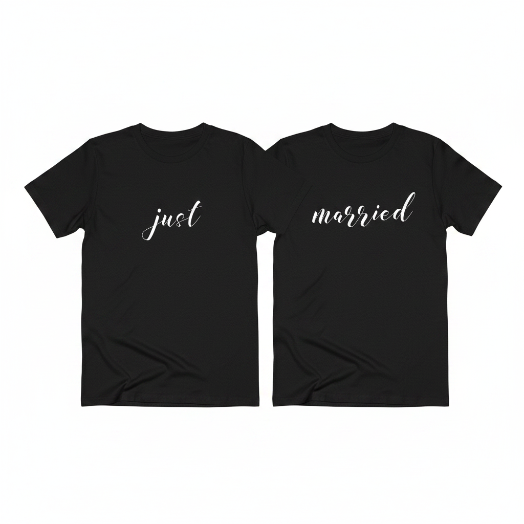 Two black t-shirts reading Just and Married in white script, worn as a couples set.
