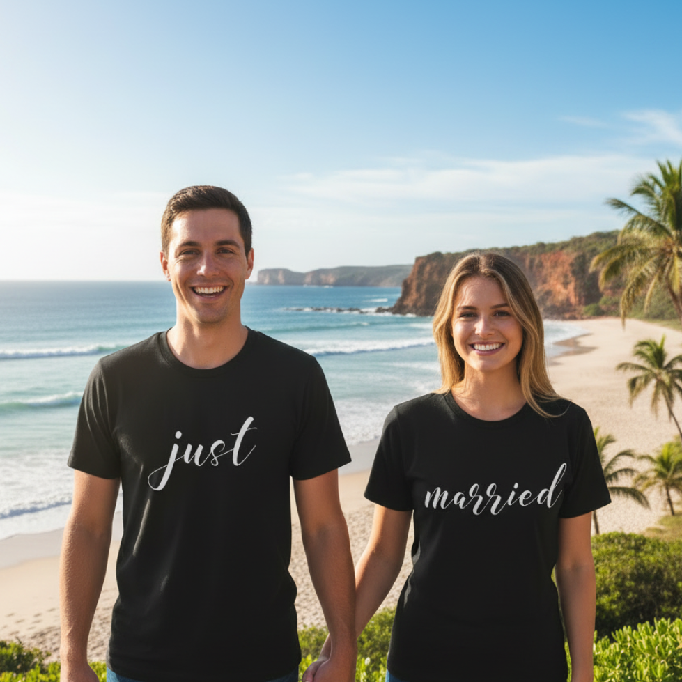 Just Married Matching Couples T-Shirts – Newlywed Wedding Tees