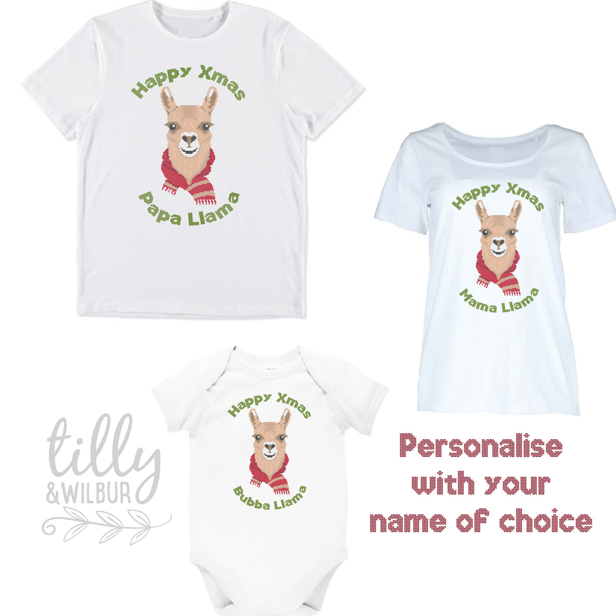 *MORE COLOURS AVAILABLE* Christmas Llama Custom Surname Family T-Shirts