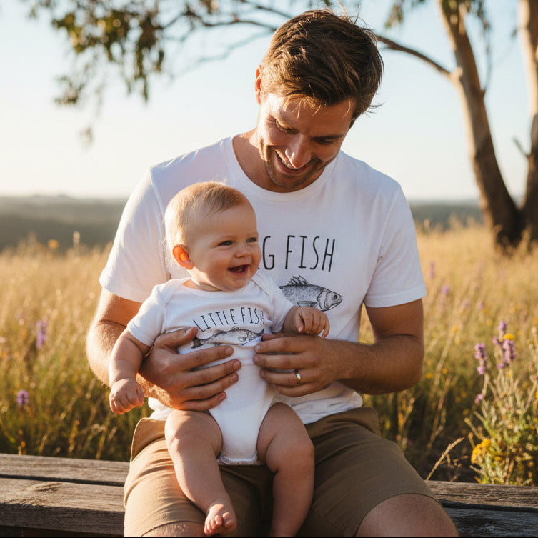 Matching Big Fish Little Fish Father's Day t-shirt and baby bodyuit set in white.