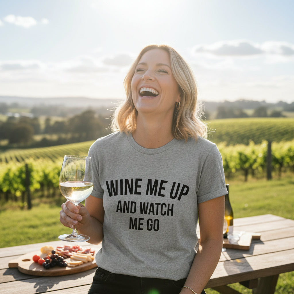 Smiling woman holding a glass of red wine outdoors wearing a white Wine Me Up And Watch Me Go t-shirt with bold black lettering