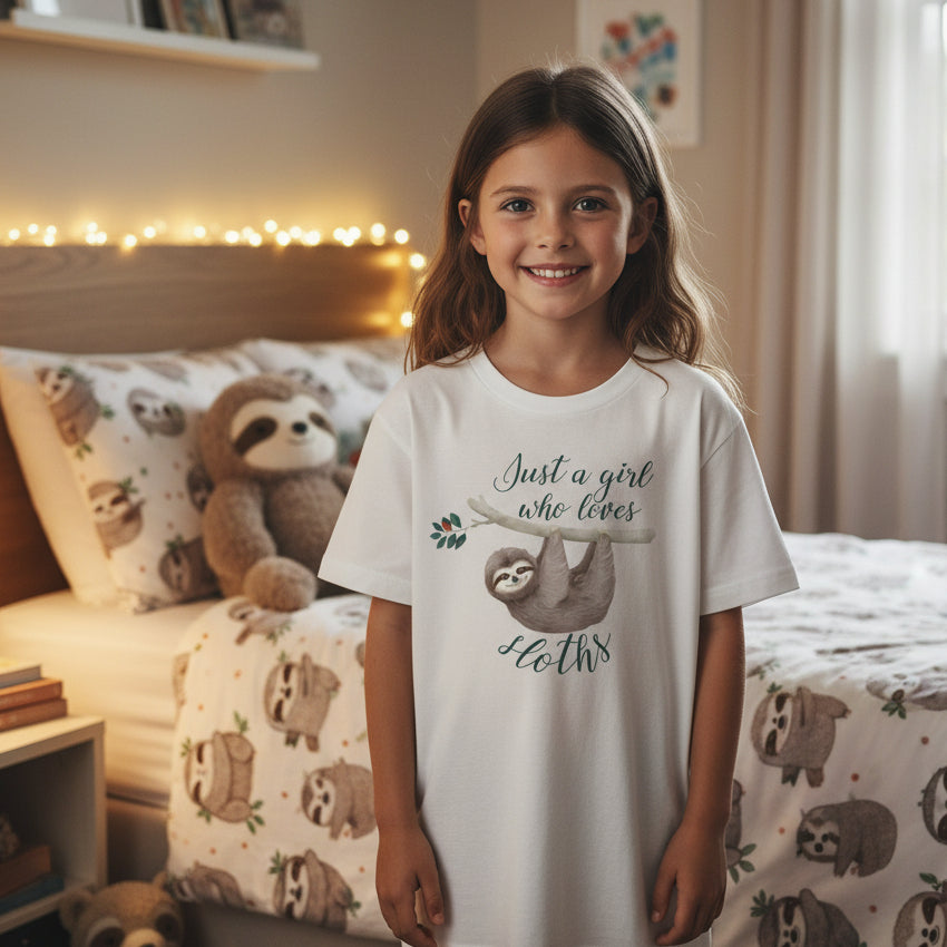 White kids t-shirt with watercolour sloth hanging from a branch and Just A Girl Who Loves Sloths script lettering