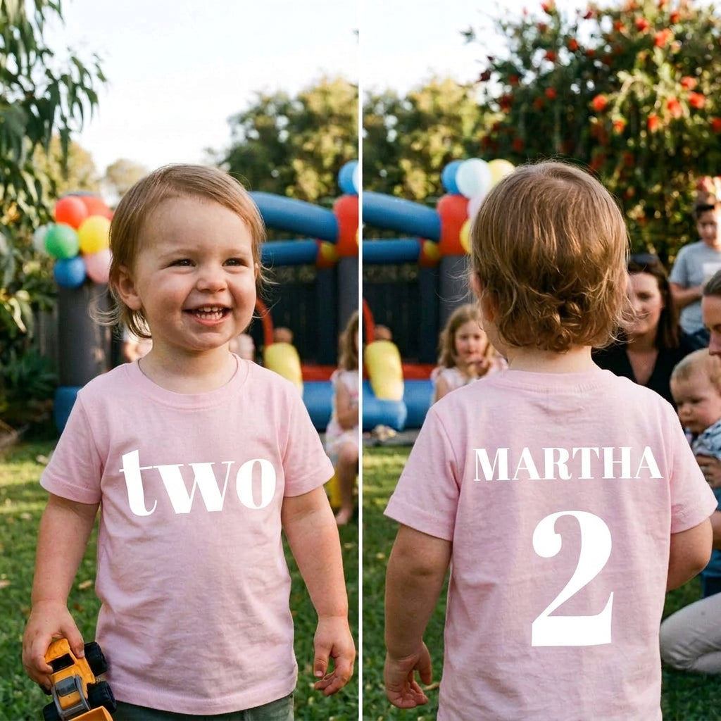 A toddler shown in a side-by-side front and back view at an outdoor birthday party. The child wears a white T-shirt with 'two' printed in black on the front in the left panel and 'ARCHIE 2' printed in black on the back in the right panel.