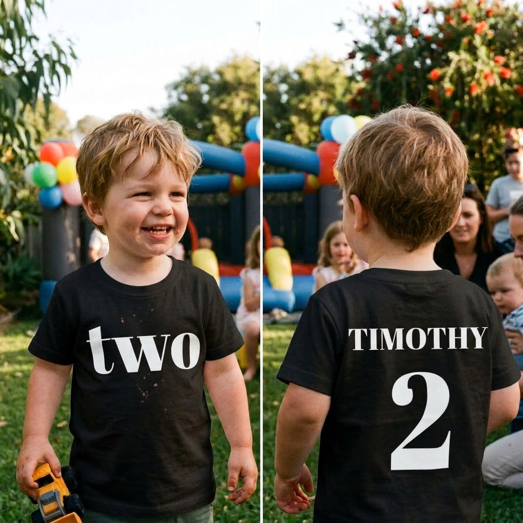 A toddler shown in a side-by-side front and back view at an outdoor birthday party. The child wears a white T-shirt with 'two' printed in black on the front in the left panel and 'ARCHIE 2' printed in black on the back in the right panel.